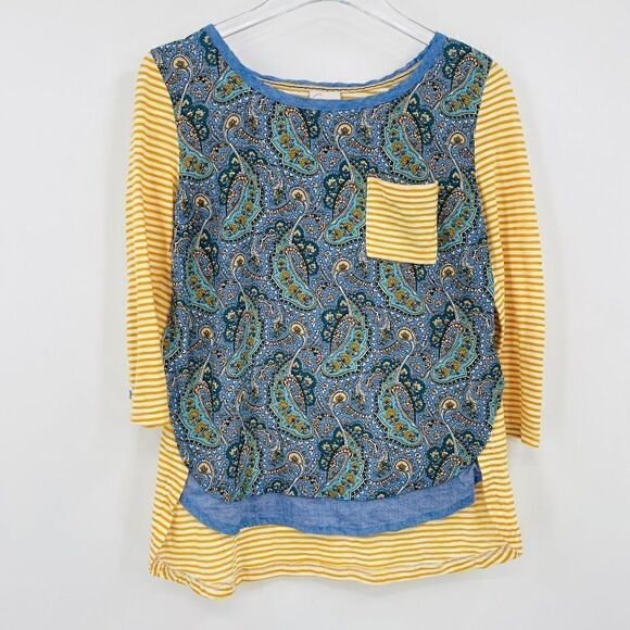 Postmark Anthropologie Size XS Blue & Yellow Paisley Print Striped Tunic Top - Picture 1 of 10